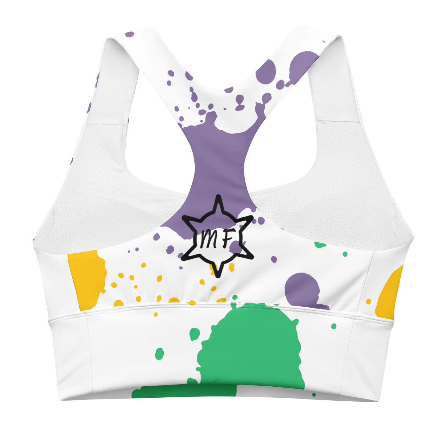 MFShift Longline Sports Bra - 'HEAVY' with Colorful Paint Splatter Print