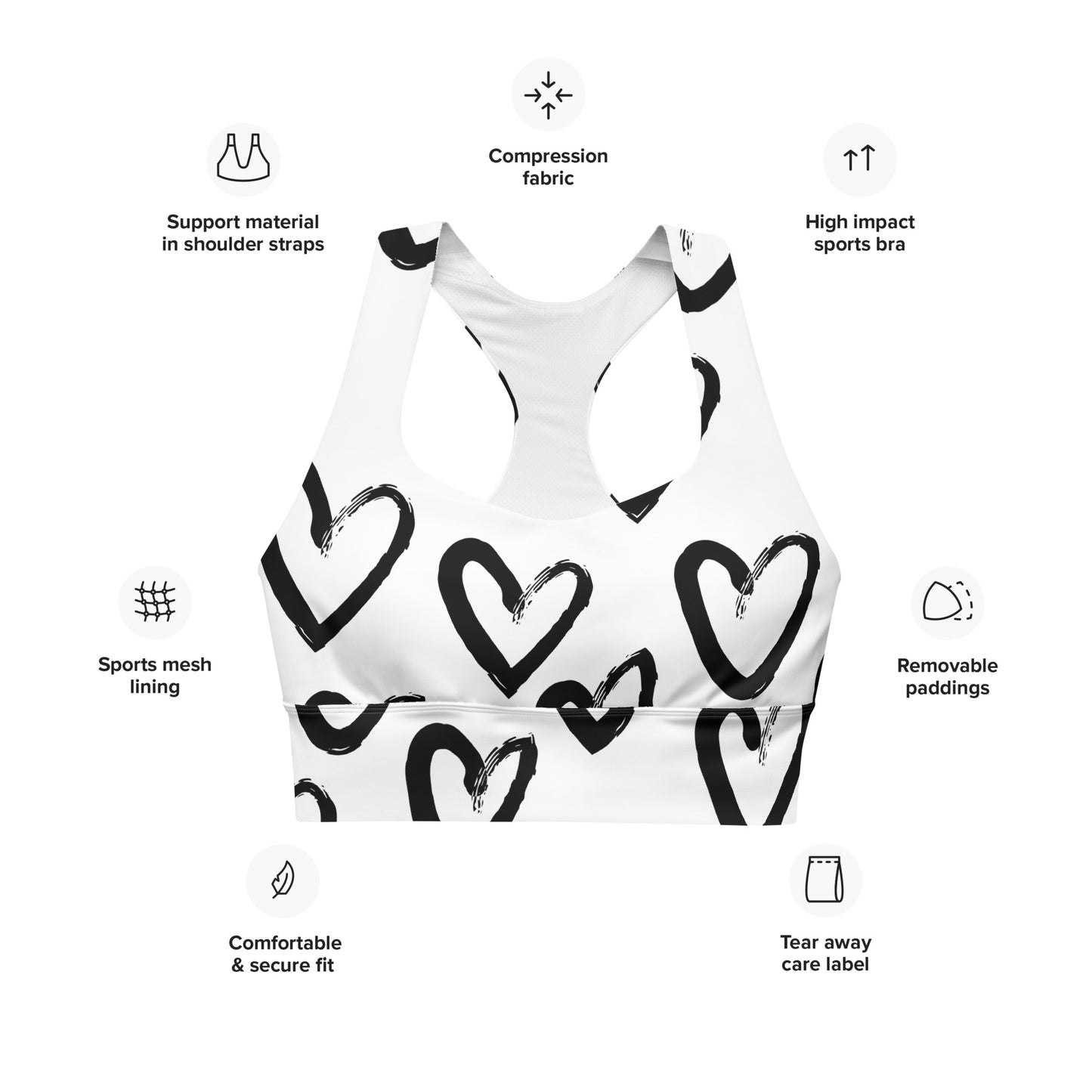 MFShift Longline Heart Sports Bra - Ultimate Support with Stylish Heart Print