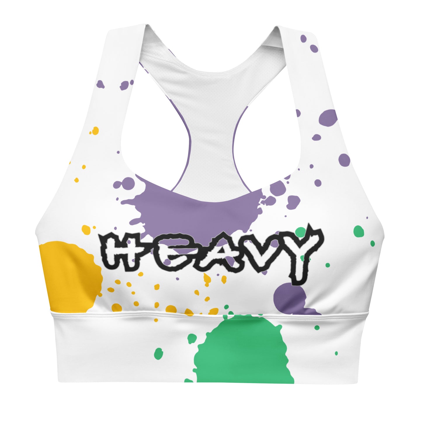 MFShift Longline Sports Bra - 'HEAVY' with Colorful Paint Splatter Print