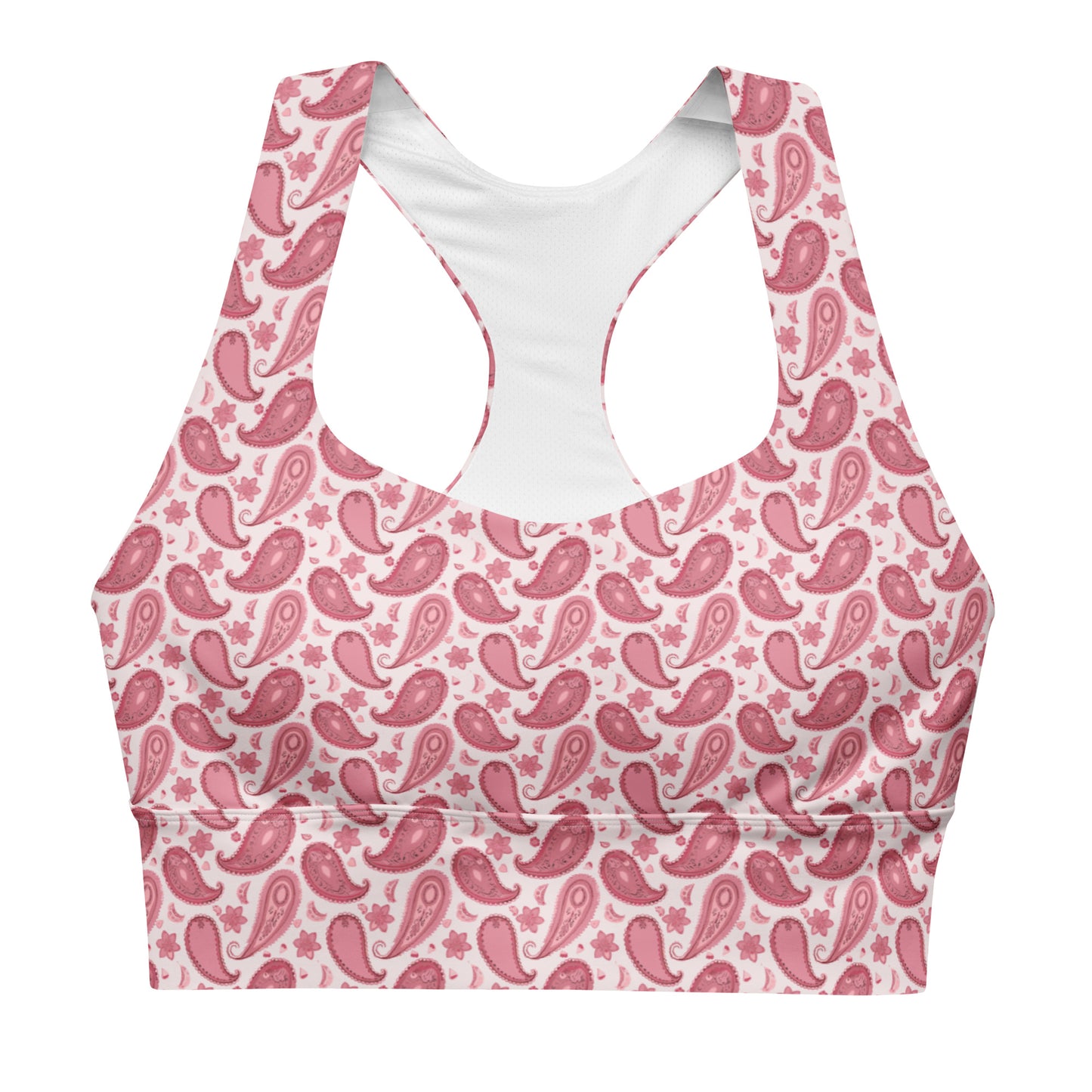 MFShift Longline Sports Bra - All-Over Pink Paisley Design - High Support & Style