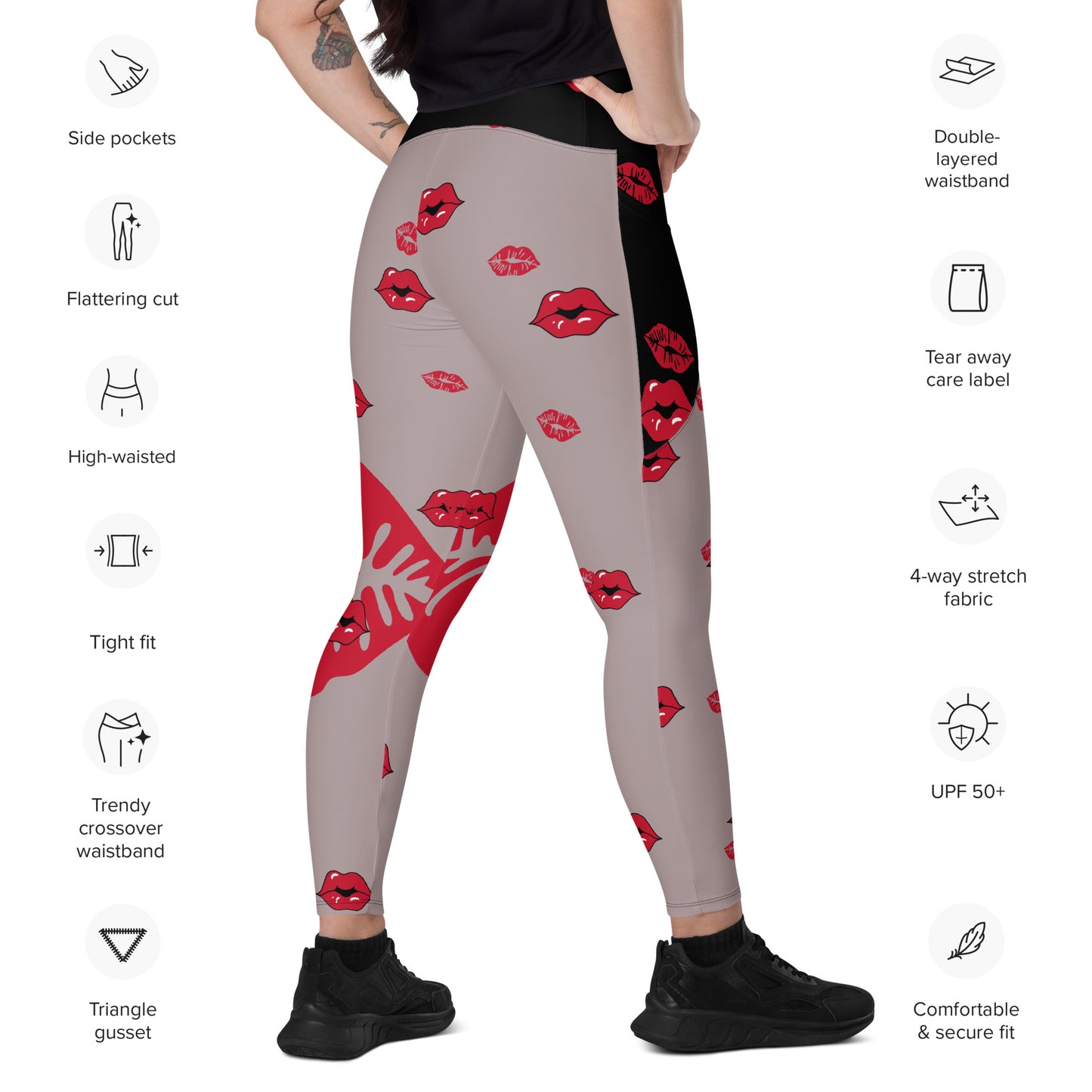 MFShift Women's Red Lips Crossover Leggings with Pockets: Kissed by Style, Embrace the Chic!