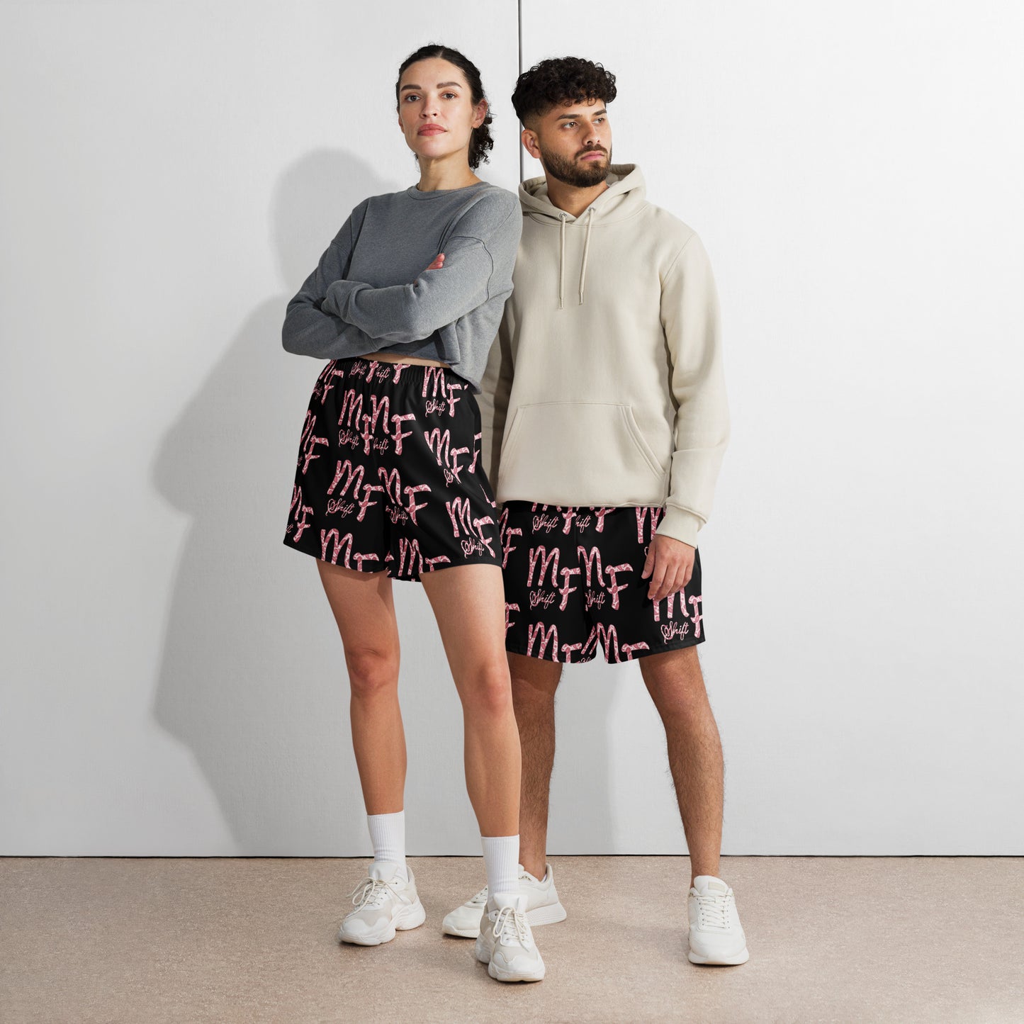 MFShift Unisex Athletic Long Shorts - Pink Paisley Logo All-Over Print