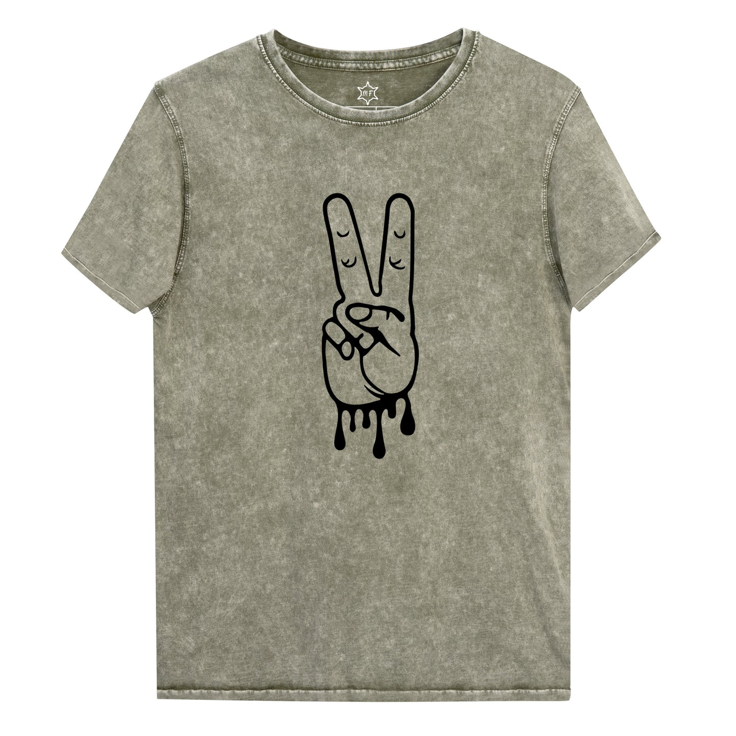 MFShift Unisex Denim T-Shirt - Dripping Peace Hand Design, 100% Combed Cotton (denim blue)